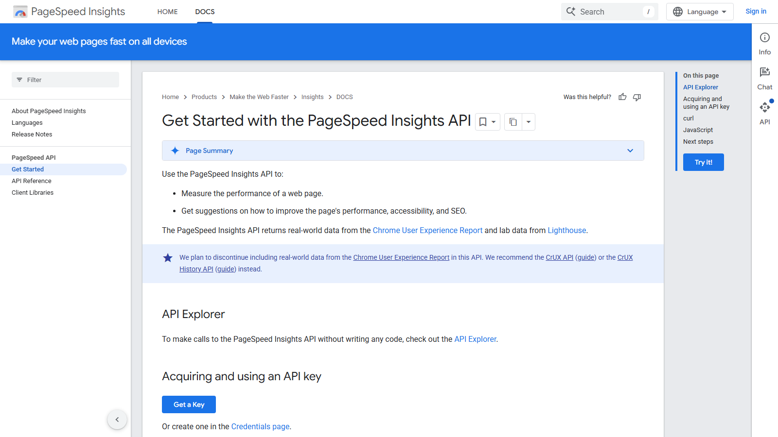 PageSpeed Insights API homepage