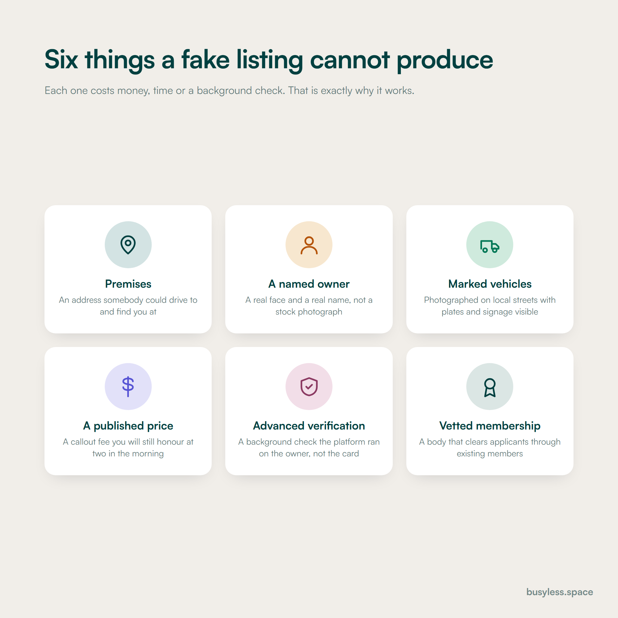 Six trust signals a fake listing cannot produce, including a traceable address, a named owner, marked vehicles and a published callout fee